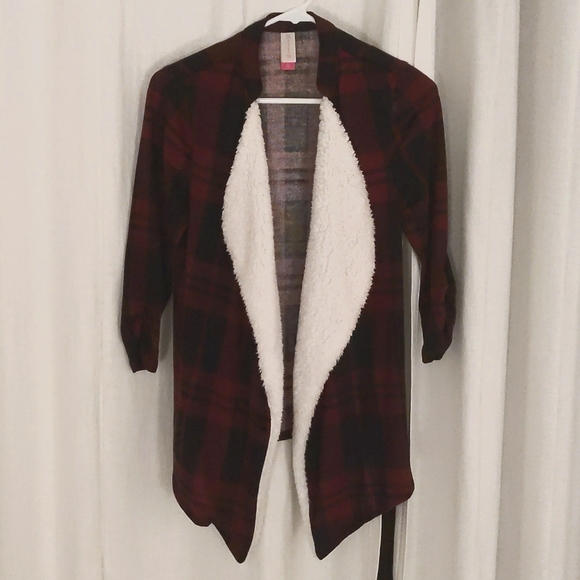 No Boundaries Sweaters - No Boundaries Open Front Red Black Plaid Cardigan
